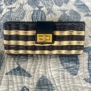 J Crew Navy and Tan Wicker Clutch